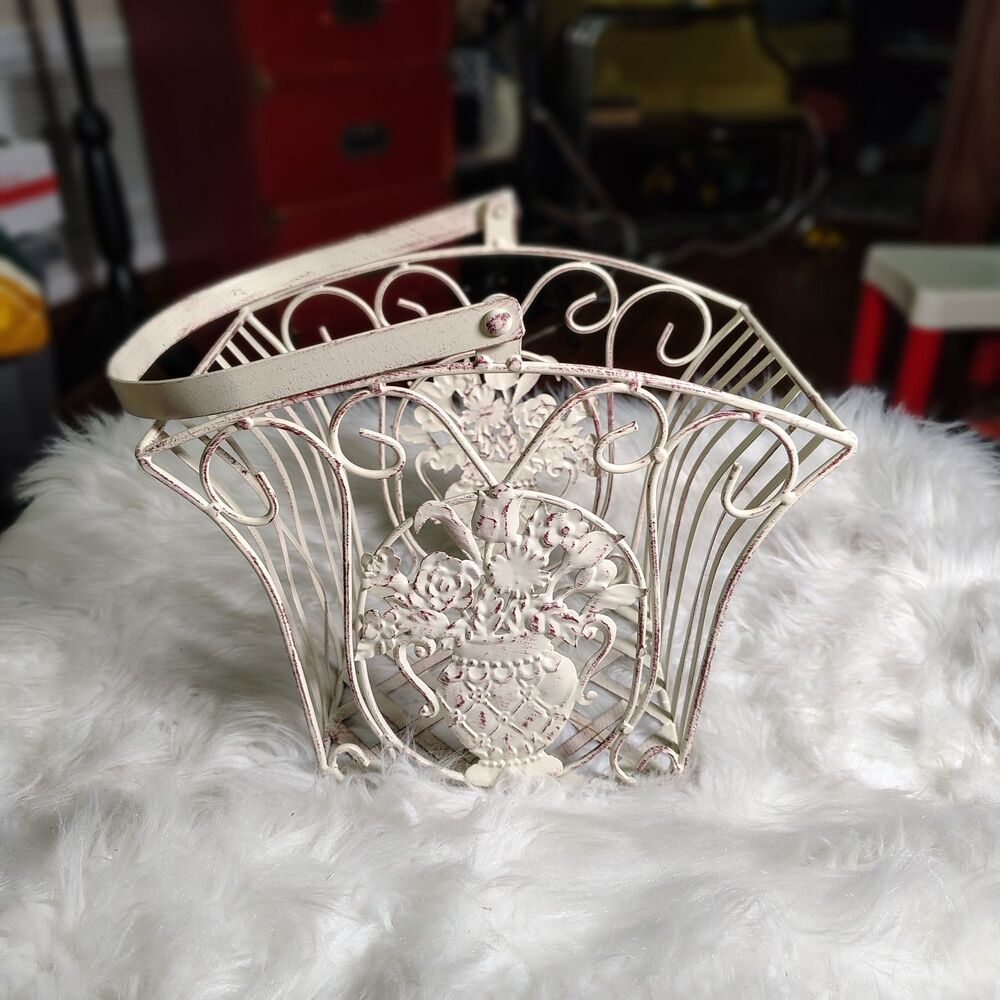 Shabby Chic VTG Metal Embossed Floral Vase Motif & Scrollwork Detailing Basket